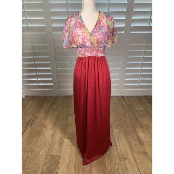Vtg 70s Roberta California Red Pink Chiffon Floral Maxi Dress S 5 Boho Hippie - Picture 1 of 12